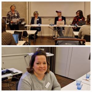 Övre delen av fotot: fyra personer bakom ett bort: avgående ordförande Kerstin Djupström, mötesordförande Ann Ander, kansliansvarig Sebastian Jarl samt ledamot Johan Jarl. 
Nedre delen av fotot: den nya ordföranden Tove Selvåg Drott